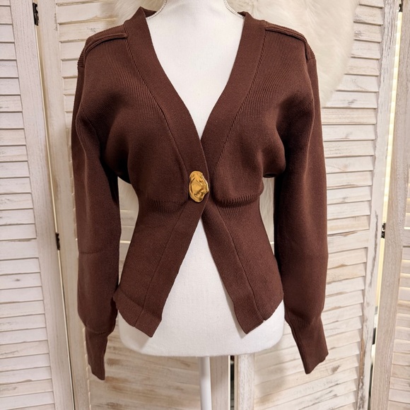 Micas Sweaters - Women's Brown V-Neck Single-Button Knit Cardigan